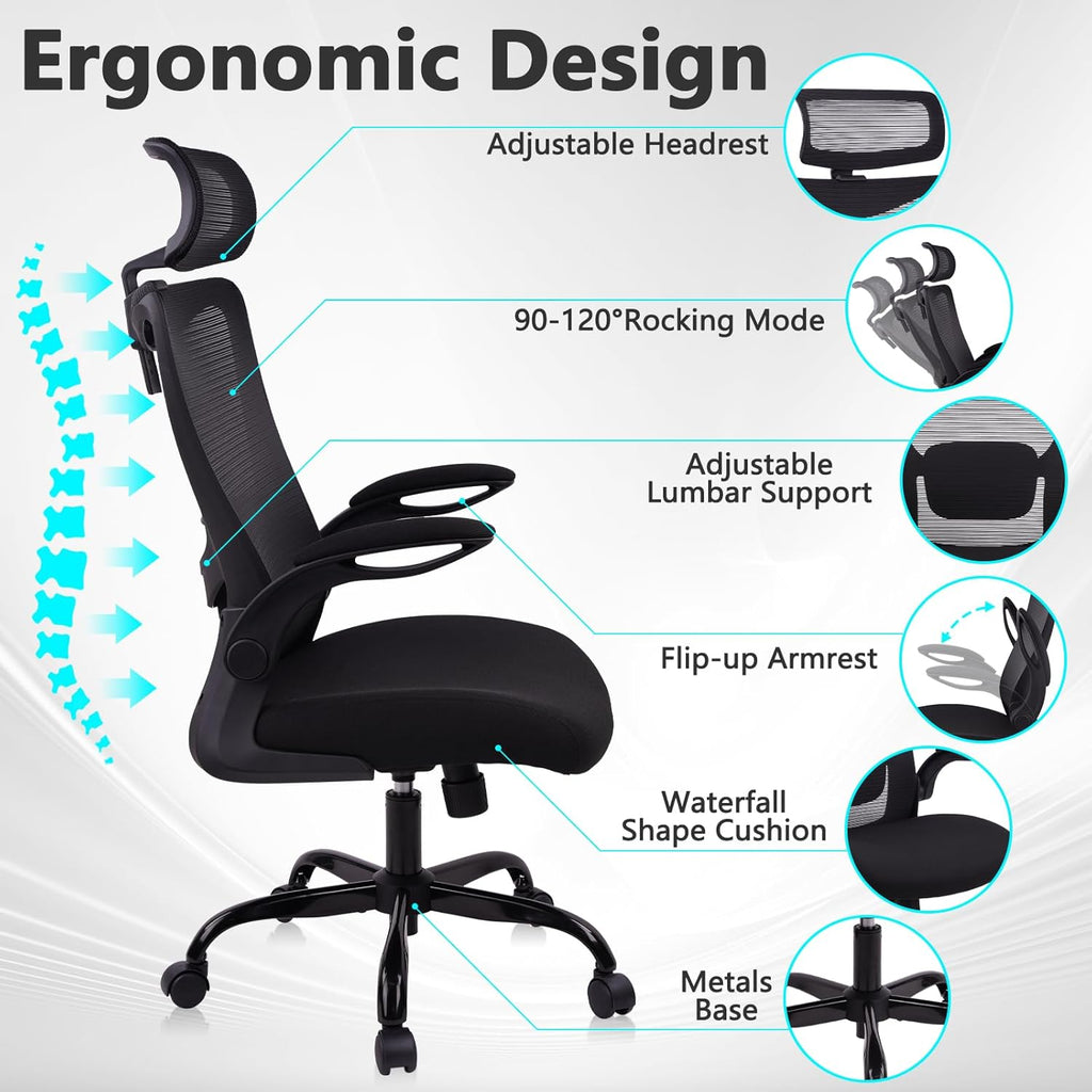CLATINA Heavy Duty Ergonomic Mesh Office Chair 400LBS, Big and Tall Desk Chair with Adjustable Lumbar Support & Headrest, Flip Up Padded Arms, High Back Computer Chair for Home Office, Black, 8 Pack