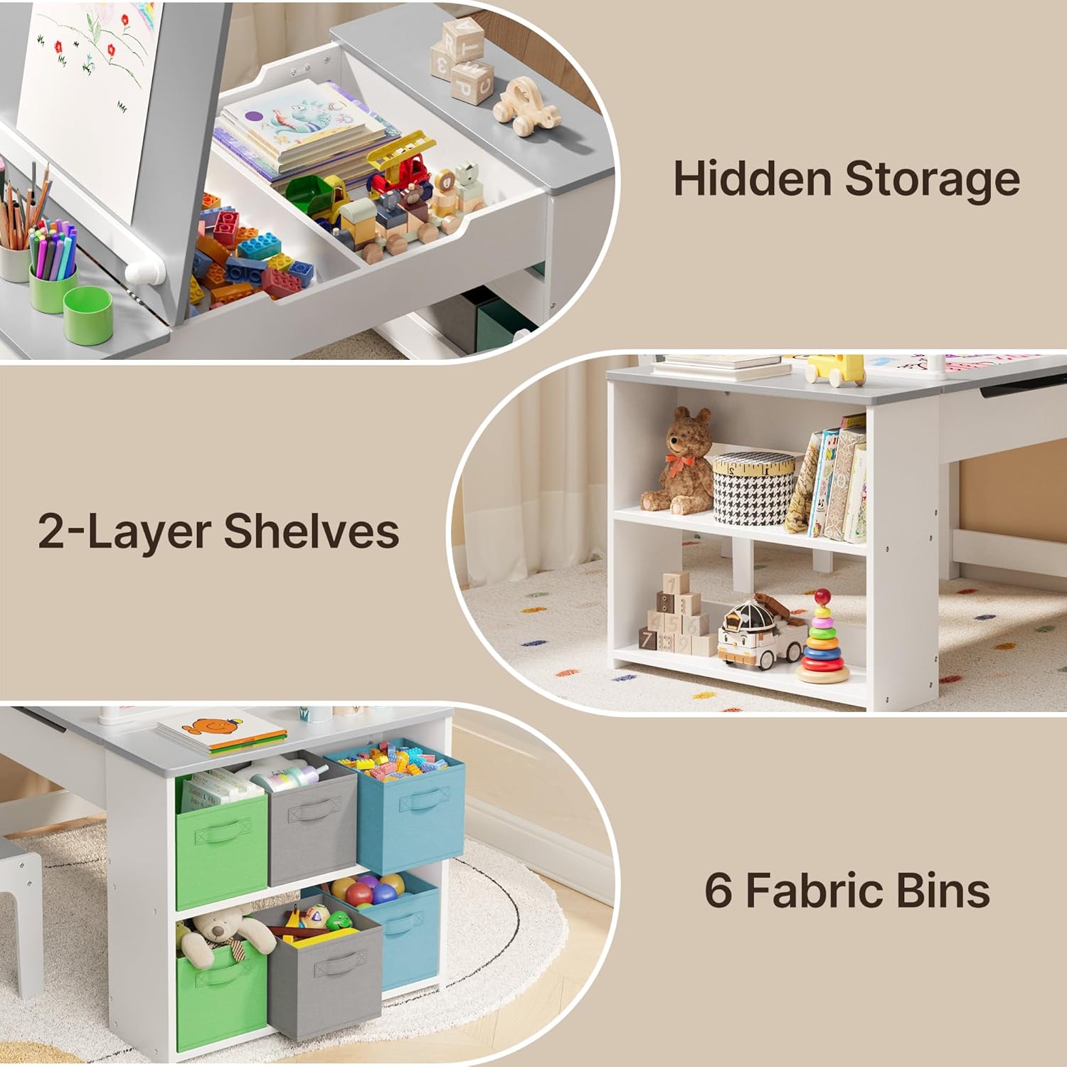 Gizoon Kids Art Table and Chairs with Removable Tabletop Storage,Toddler Craft Table and Chair Set for Drawing Studying Playing Wooden Kid Acitivity Table in Playroom Kids Room Living Room, Gray