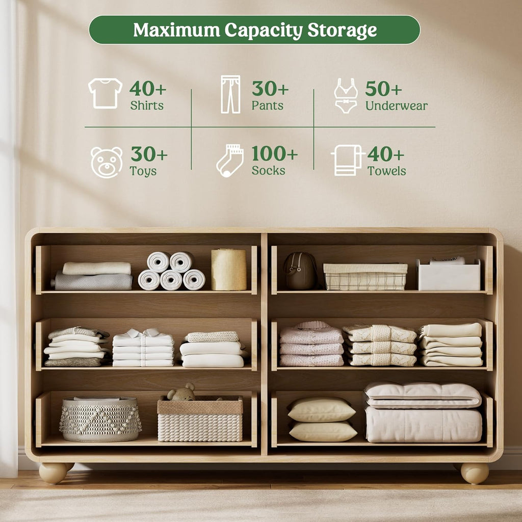 Lulive Wood Dresser for Bedroom, 53” Wide Chest of Drawers with 6 Drawers, Modern Closet Storage Drawer with Curved Profile Design for Living Room, Hallway, Entryway, Natural