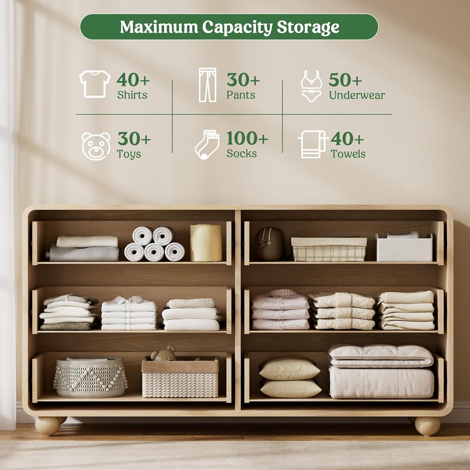 Lulive Wood Dresser for Bedroom, 53” Wide Chest of Drawers with 6 Drawers, Modern Closet Storage Drawer with Curved Profile Design for Living Room, Hallway, Entryway, Natural