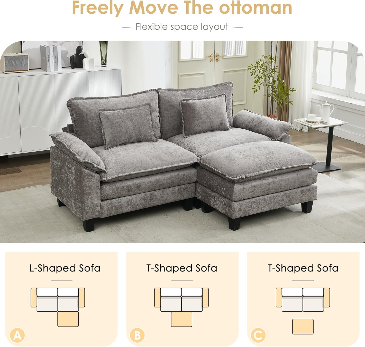URRED Cloud Couch Modular Sectional Sofa, 87" Modern L Shaped Deep Seat Sofa with Ottoman & Pillows, Ultra Comfy Chenille Couches for Living Room, Bedroom or Apartment, Grey