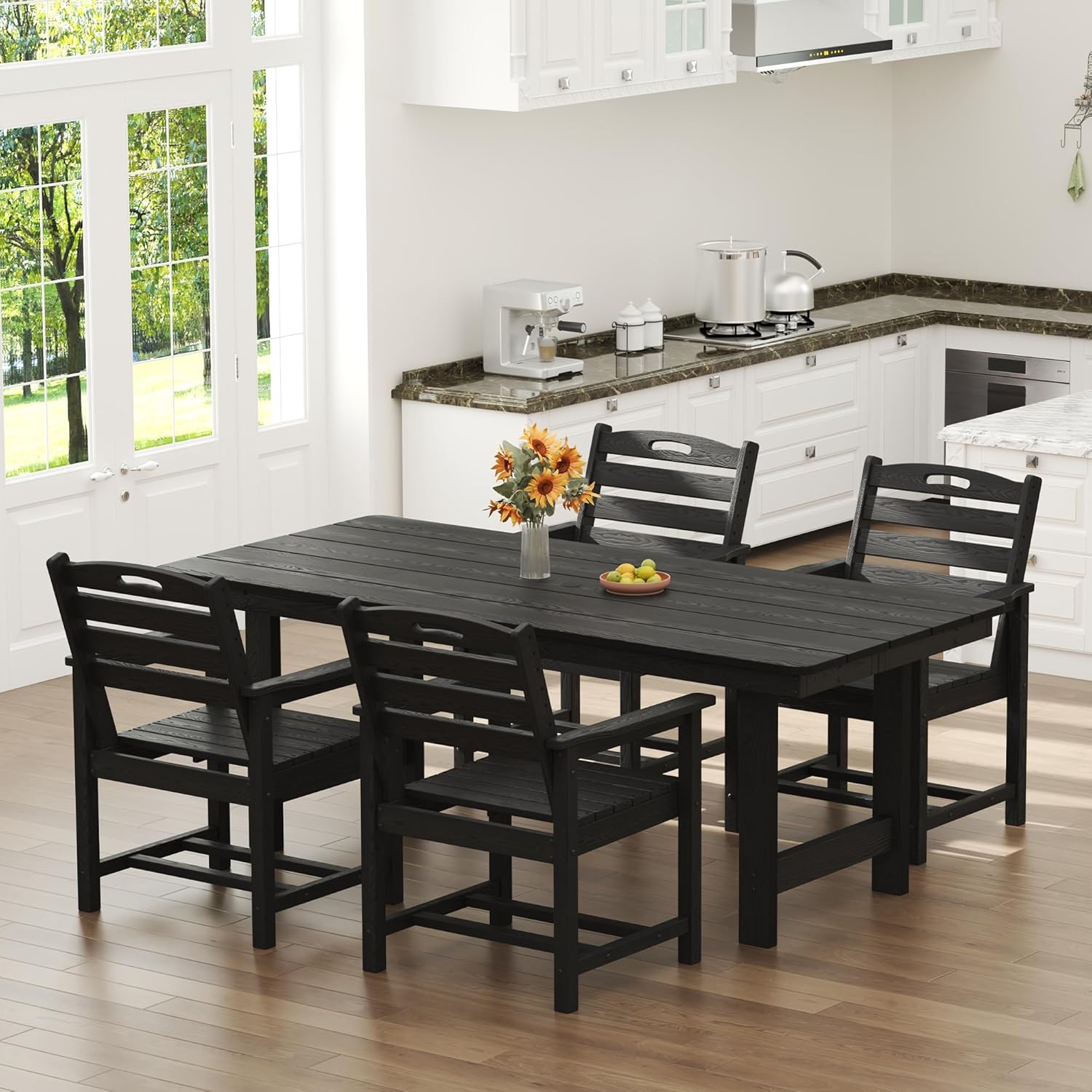 PIZZELLO Patio Dining Table for 6, 66" Rectangular HDPE Outdoor Dining Table with 1.8" Umbrella Hole, All Weather Outdoor Patio Table for Lawn Backyard Garden, Black