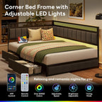 LIKIMIO Full Corner Bed Frame with Storage Drawers and Charging Station, Modern Full Daybed with LED Lights and Upholstered Guardrail, Gray