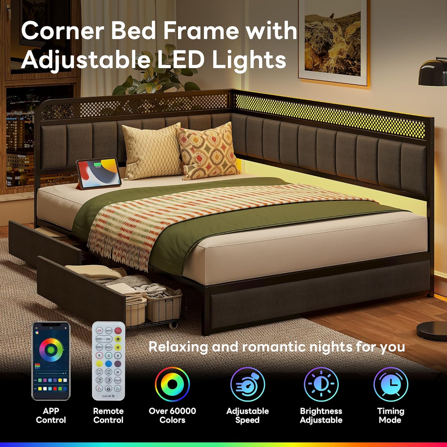 LIKIMIO Full Corner Bed Frame with Storage Drawers and Charging Station, Modern Full Daybed with LED Lights and Upholstered Guardrail, Gray