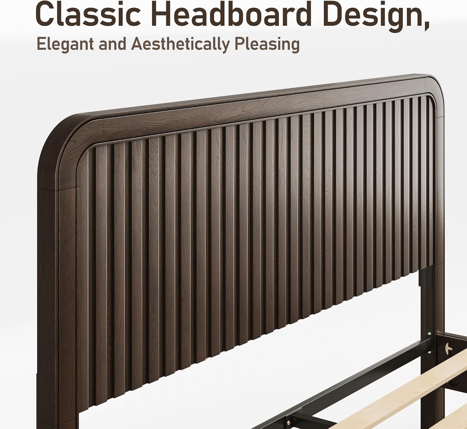 Lifezone Wood Queen Bed, Solid Wood Bed with Flutted Headboard, American Vintage Design, Slats Support, Noise-Free, Sturdy Structure, Easy Assembly, Walnut