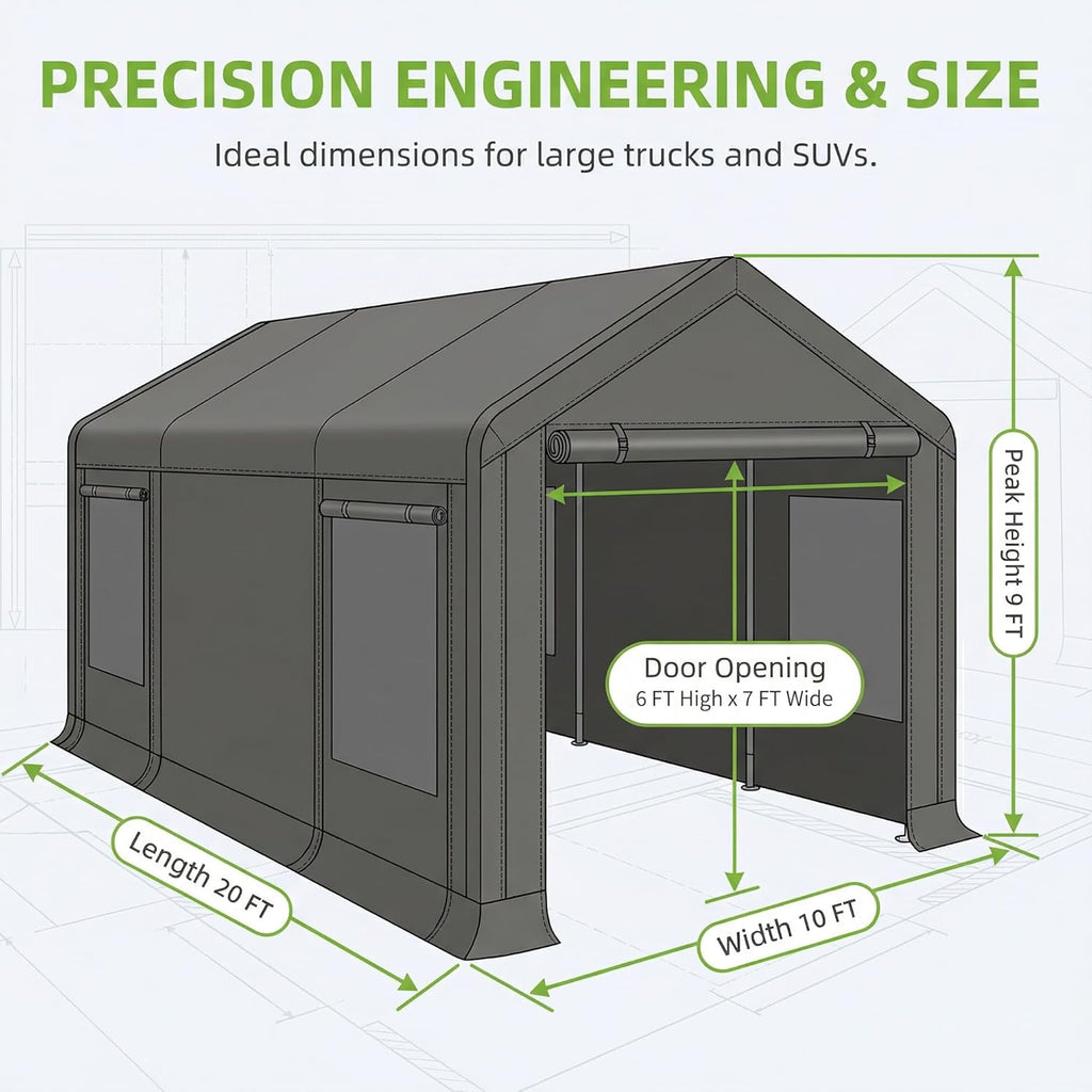 Storage Shed, 3/4 inch Thick Support Rods & Bolted Frame (Not Socket), Rolled Up Doors and Ventilation Window, Carports Car Tent 10 × 20 × 9 FT