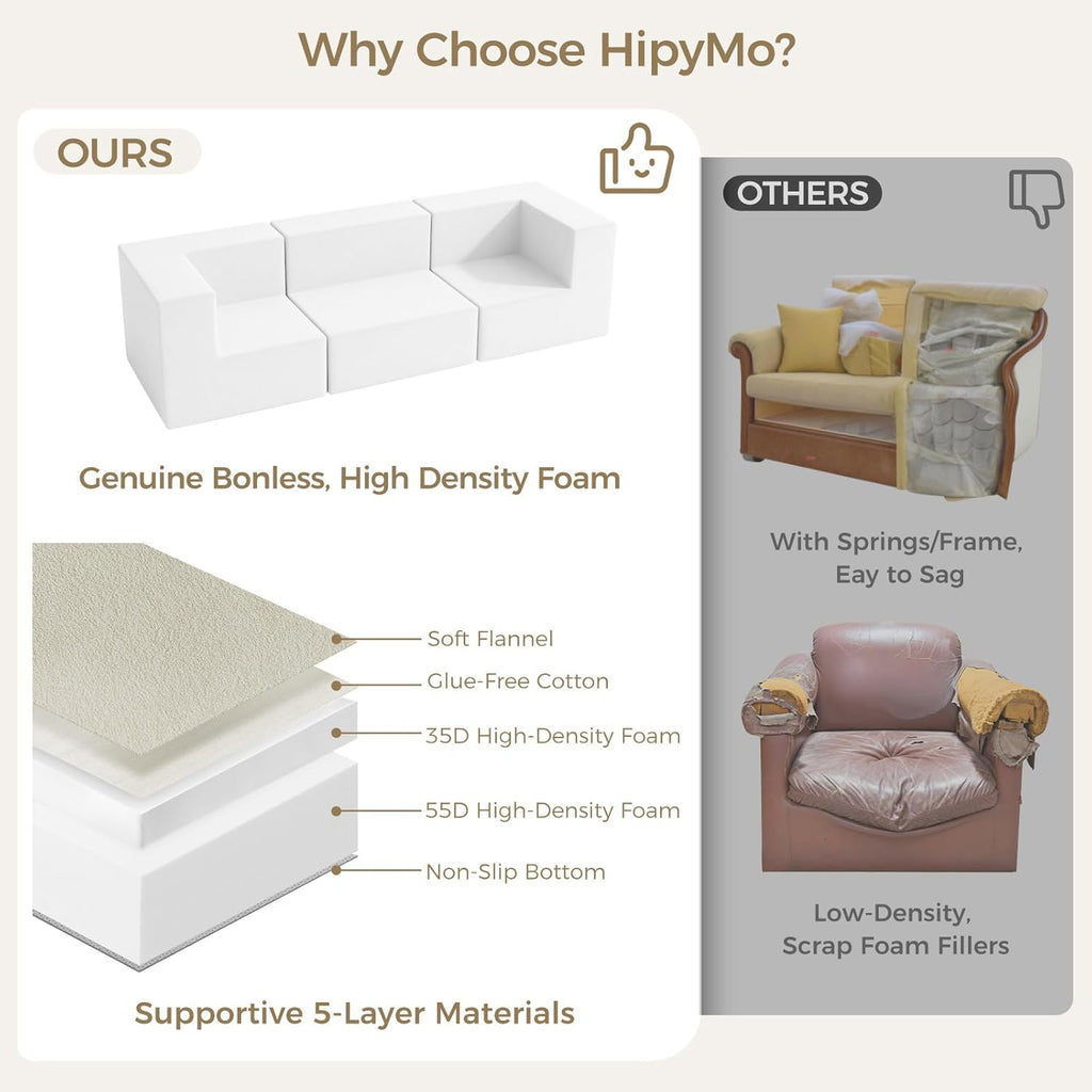 120" L-Shaped Boneless Cloud Couch, Modular Sectional Sofa with Ottoman and Extra-Wide Armrests, Deep Seat Sectional Couches for Living Room, 35D High-Density Foam, No Assembly Required, Beige