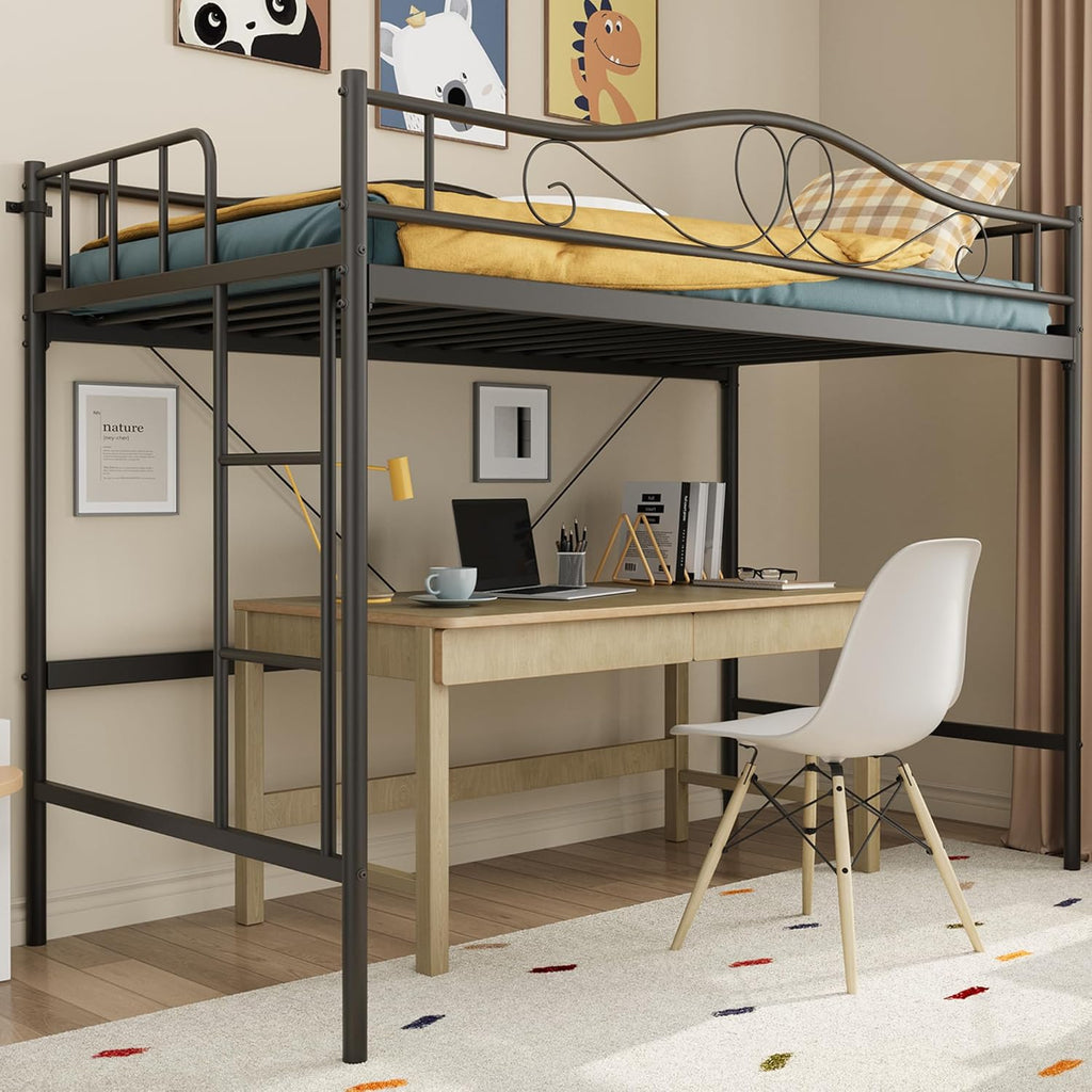 IDEALHOUSE Loft Bed Twin Size with Ladder & Full Safety Guardrail, Heavy Duty Metal Twin Loft Bed 400 Lbs Load Capacity, Space-Saving, Noise Free, No Box Spring Needed, Easy Assembly, Black