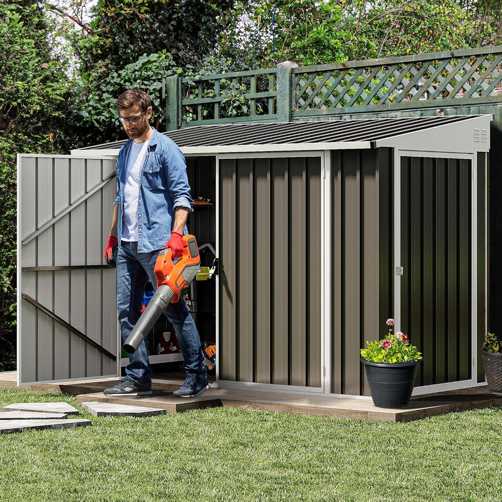 DWVO 8x4 FT Outdoor Weatherproof Storage Shed  Secure Metal Bike Shed w/Lockable Entry  Garden Storage Solution for Lawn Equipment  Tools  Waste Bin  Dark Gray