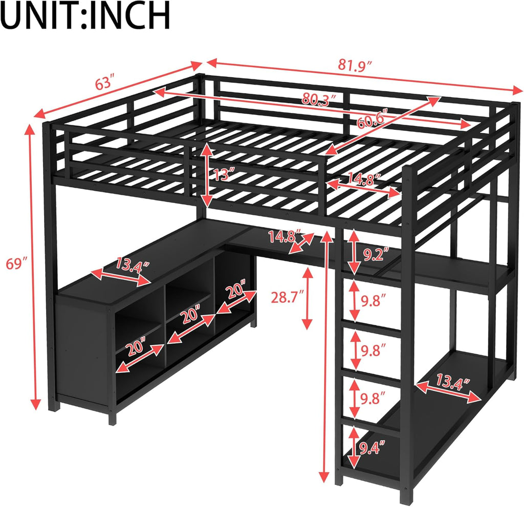 Queen Loft Bed with L-shaped Desk and Wardrobe, Metal Loftbed with Storage Cubes and Shelves, Heavy-duty Loft Bed Frame for Kids, Teens, Adults, Noise-free and No Box Spring Needed Design, Black