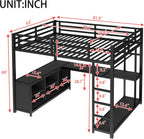 Queen Loft Bed with L-shaped Desk and Wardrobe, Metal Loftbed with Storage Cubes and Shelves, Heavy-duty Loft Bed Frame for Kids, Teens, Adults, Noise-free and No Box Spring Needed Design, Black