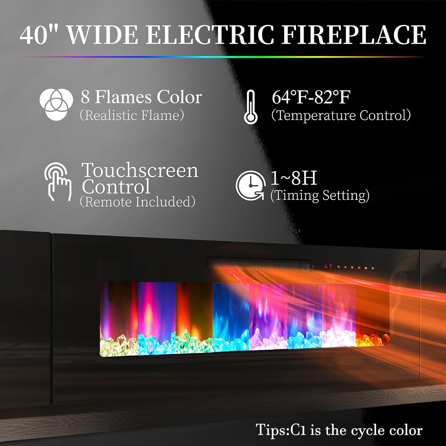 AMERLIFE Fireplace TV Stand with 40" Fireplace, 80" Modern Fireplace Entertainment Center LED Lights, 2 Tier TV Console Cabinet for TVs Up to 90", Obsidian Black