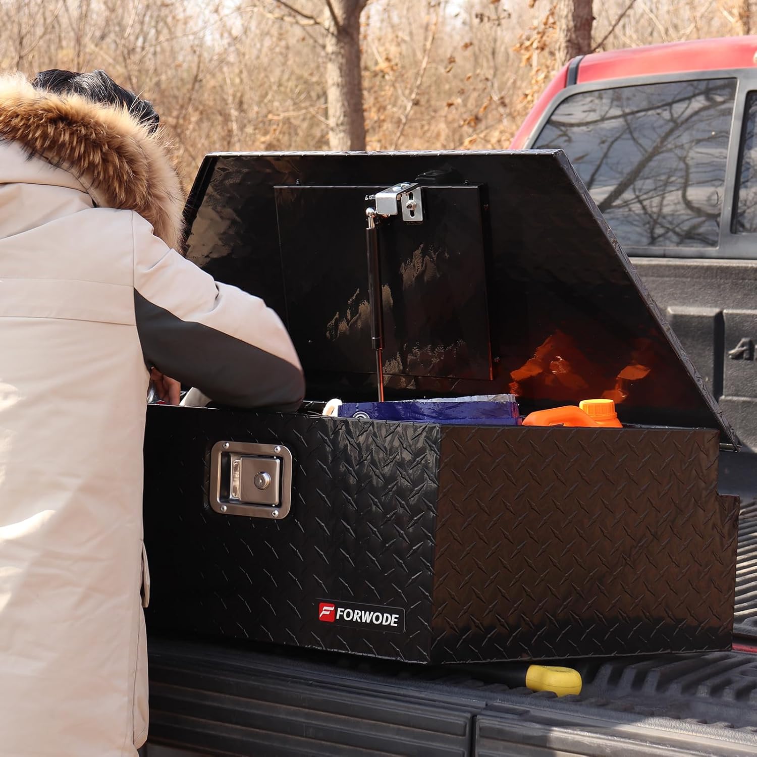FORWODE Trailer Tongue Box 39 Inch Aluminum Tongue Tool Box Lockable Trailer Tool Chest with Gas Strut, Secure Diamond Plate Truck Tongue Tool Box for Trailer, Truck Bed, Pickup & RV Storage (Black)