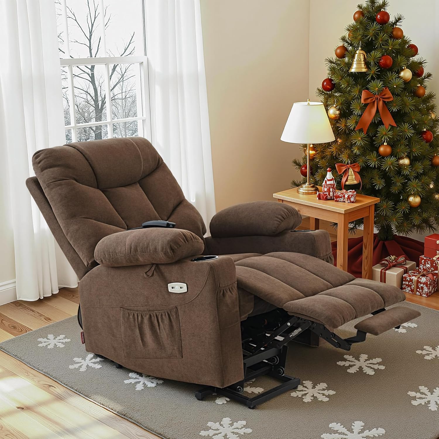 MCombo Power Lift Recliner Chair with Extended Footrest for Elderly People, Fabric 7287/7087 (Brown, Medium)