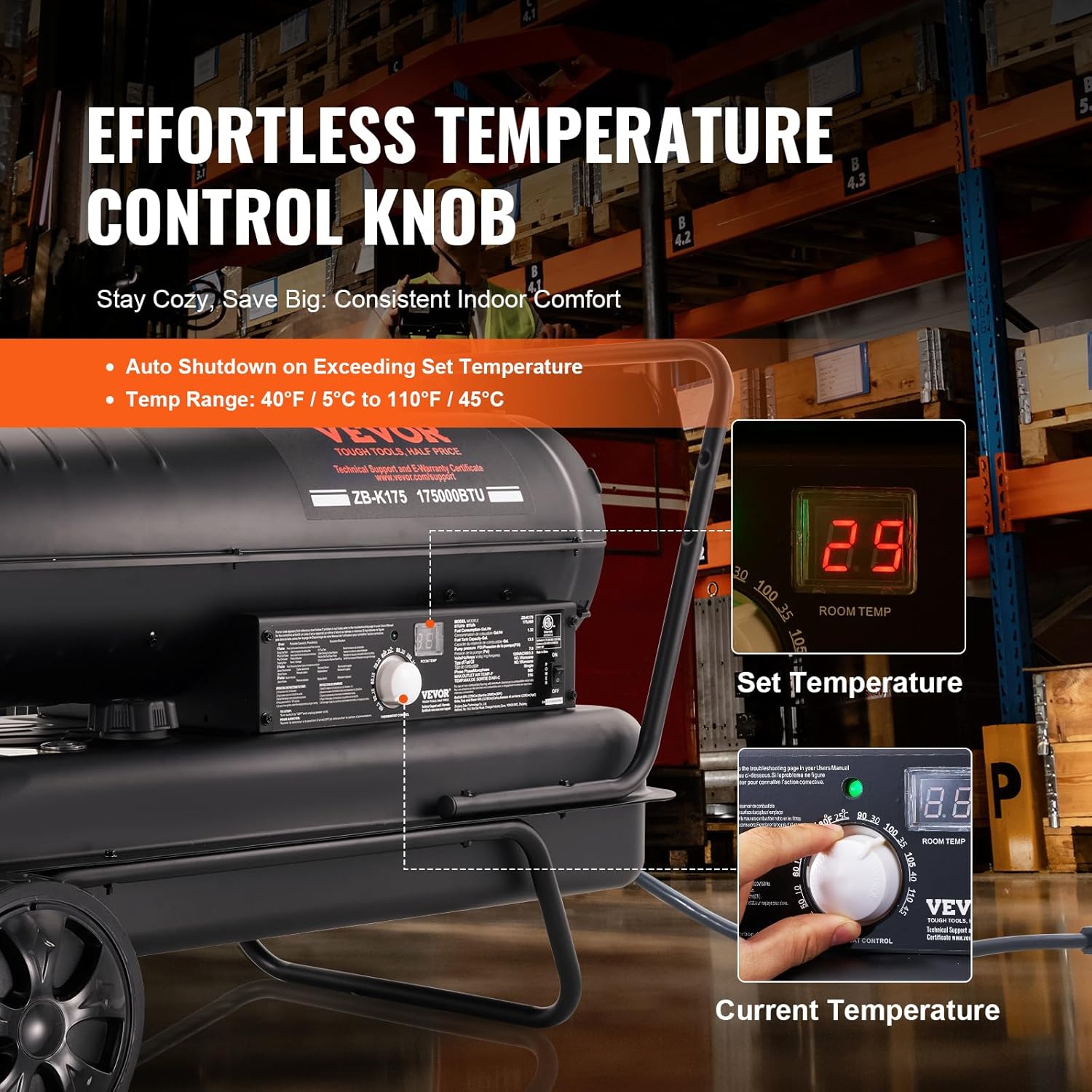 VEVOR Kerosene Forced Air Heater, 175000 BTU Portable Torpedo Diesel Space Heater with Thermostat, 13.2 Gallon Tank Energy-Efficient heavy-duty Heater, for Indoor Outdoor Use Workshop Industry