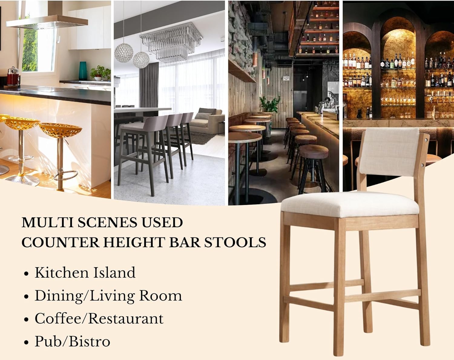 26.5'' Tall Bar Stools Set of 2 Modern Counter Stools with Backs Beige Linen Upholstered Bar Height Chairs Counter Height Island Stools with Wood Frame Farmhouse Wooden Barstools for Kitchen Island