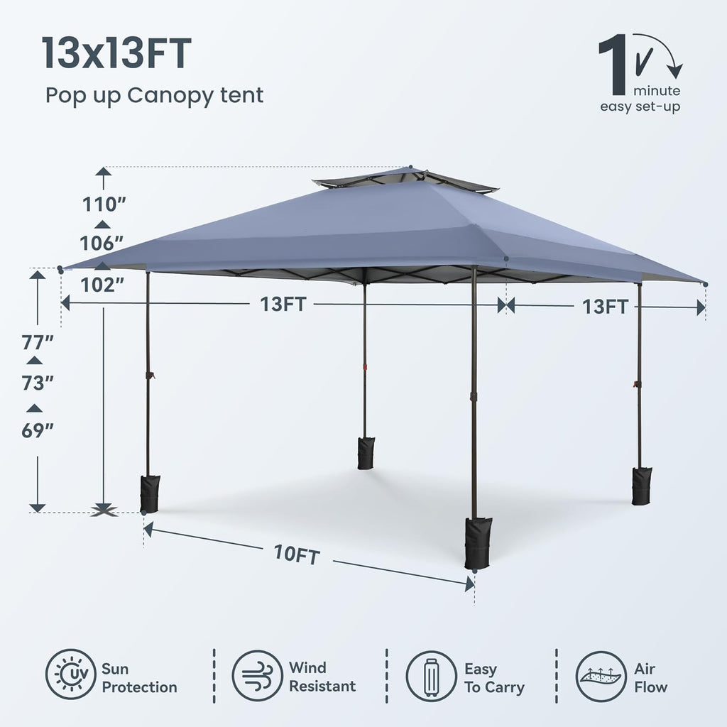 PHI VILLA 13x13 Pop Up Canopy Tent Instant Outdoor Canopy Easy One Push Tent Canopy with Wheeled Carry Bag, Straight Legs 169 Square Feet of Shade, Grey