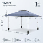 PHI VILLA 13x13 Pop Up Canopy Tent Instant Outdoor Canopy Easy One Push Tent Canopy with Wheeled Carry Bag, Straight Legs 169 Square Feet of Shade, Grey