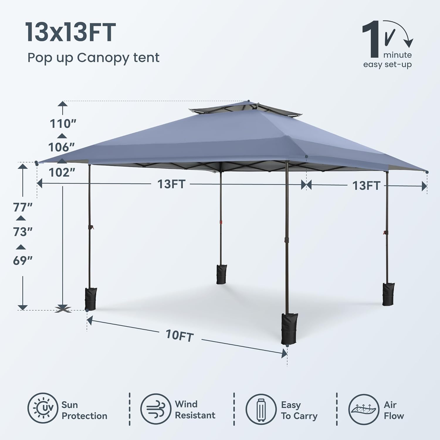 PHI VILLA 13x13 Pop Up Canopy Tent Instant Outdoor Canopy Easy One Push Tent Canopy with Wheeled Carry Bag, Straight Legs 169 Square Feet of Shade, Grey