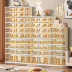 10 Tiers 20-40 Pairs Foldable Shoe Rack for Closet Plastic Stackable Shoe Boxes for Garage Collapsible Shoes Shelf with Doors Storage Organizer Cabinet Quick Assembly,Brown