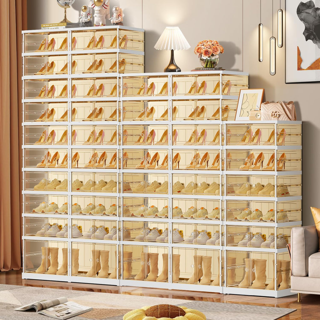 10 Tiers 20-40 Pairs Foldable Shoe Rack for Closet Plastic Stackable Shoe Boxes for Garage Collapsible Shoes Shelf with Doors Storage Organizer Cabinet Quick Assembly,Brown