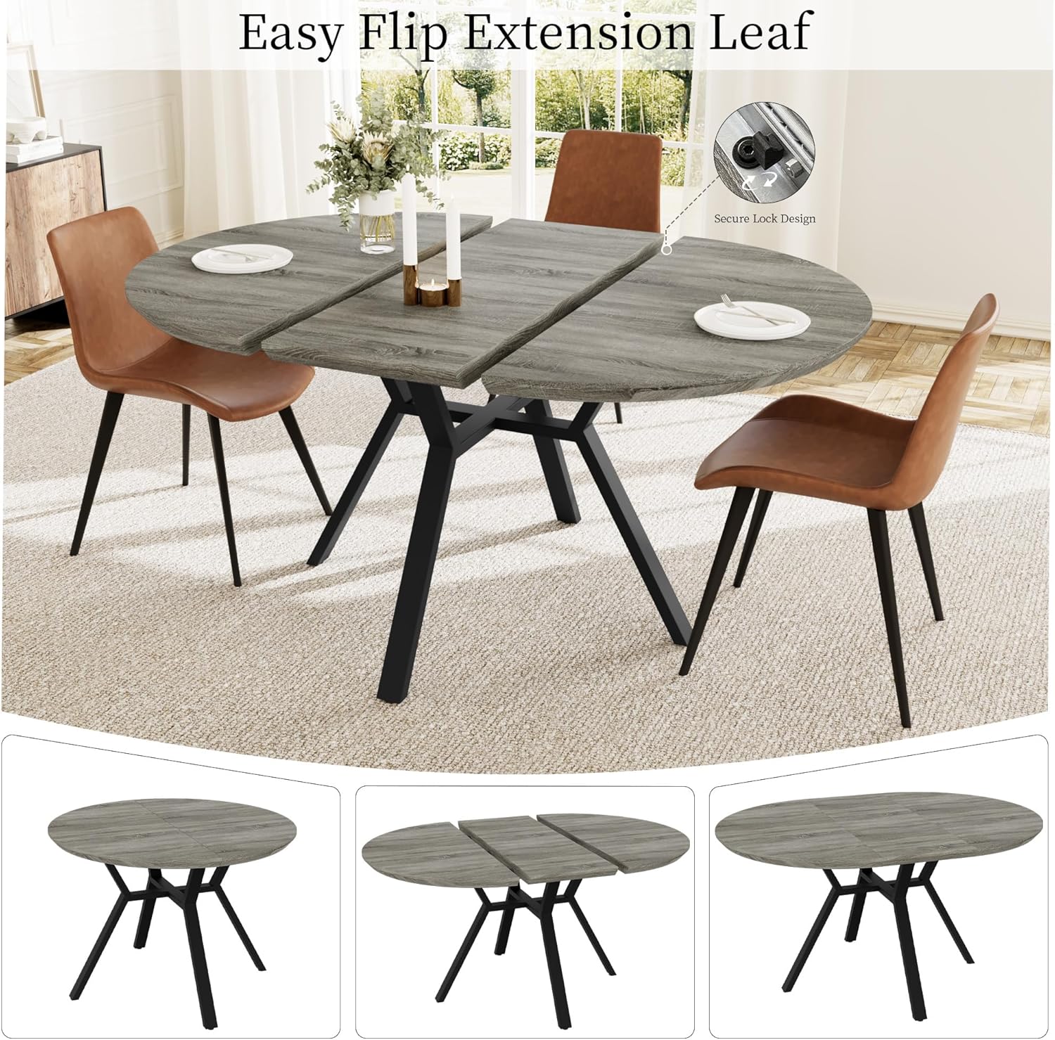 Extendable Round Dining Table Set for 6 People, 43.3"-59.1" Extendable Kitchen Table with 6 Upholstered Chairs, Space Saving for Kitchen Dining Room (Grey Table+6 Brown Chairs)