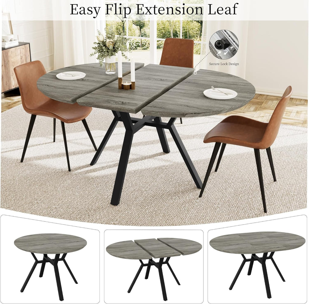 Extendable Round Dining Table Set for 6 People, 43.3"-59.1" Extendable Kitchen Table with 6 Upholstered Chairs, Space Saving for Kitchen Dining Room (Grey Table+6 Brown Chairs)