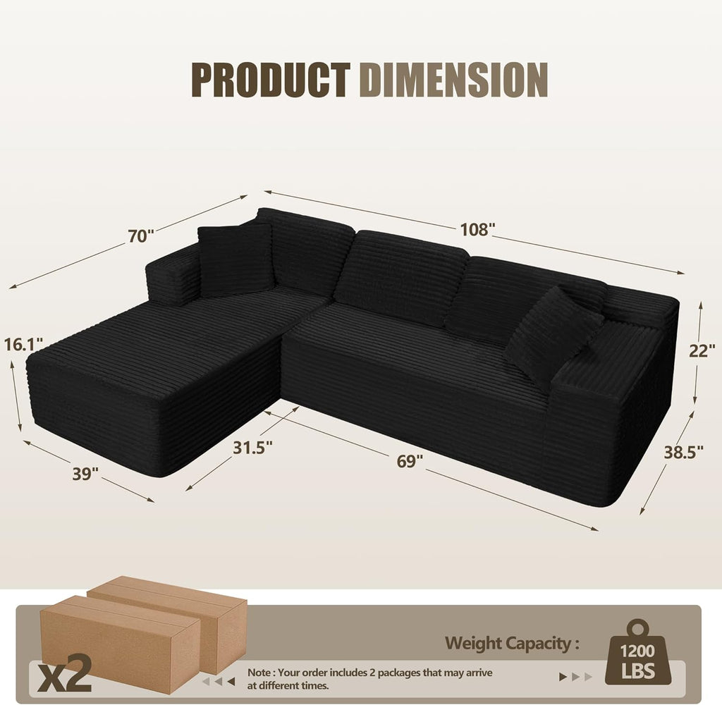 Bashaw 108" Cloud Sectional Couch Sofa with L-Shape Chaise, Modern Modular Sofa Couch Upholstered Couches for Living Room Bedroom, No Assembly Required (Black, L Shape)