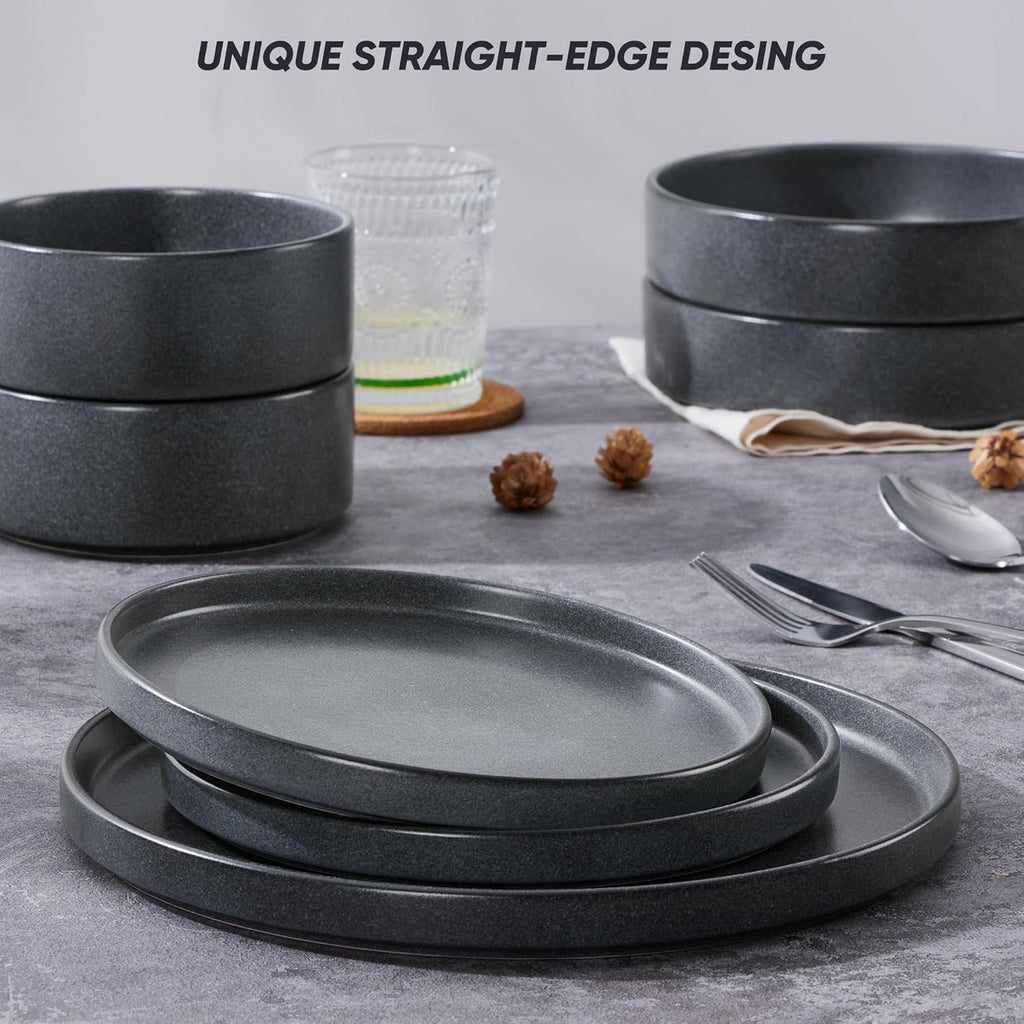 E-far 16-Piece Plates and Bowls Sets - Stoneware Dinnerware Sets with Pasta Bowls for 4 | Microwave & Dishwasher Safe Kitchen Modern Dish Set, Deep Gray