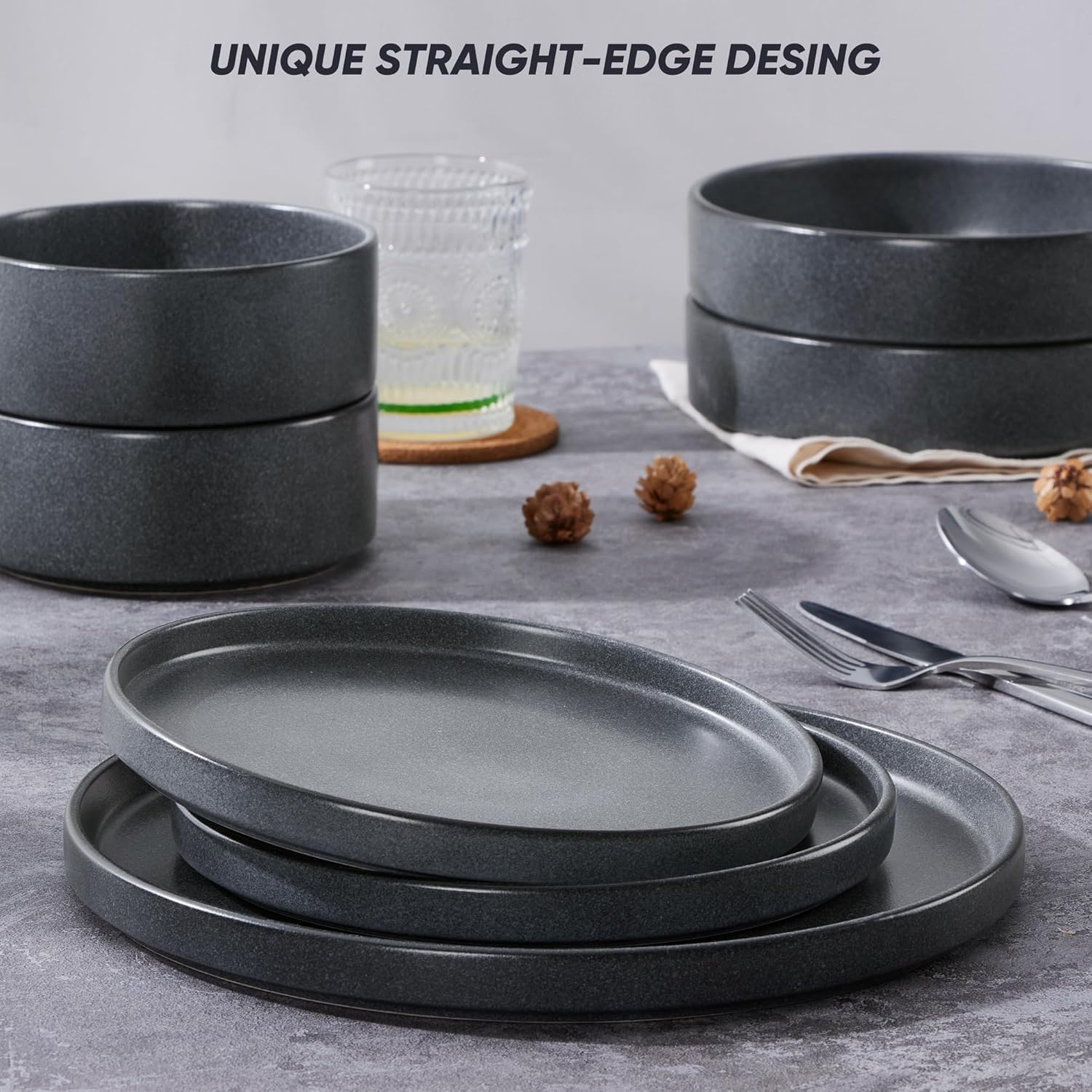 E-far 16-Piece Plates and Bowls Sets - Stoneware Dinnerware Sets with Pasta Bowls for 4 | Microwave & Dishwasher Safe Kitchen Modern Dish Set, Deep Gray