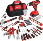 FASTPRO 232-Piece Home Tool Set with Drill, 20V Cordless Drill Driver, Household Repairing Tool Kit with Drill, 12-Inch Wide Mouth Storage Tool Bag Included, Red