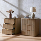 Fluted Nightstand Set of 2, Engineered Wood Bedside Table with 3 Drawers, Modern End Table with Faux Marble-Top, Curved Corners, Metal Handle, Large Night Stand for Bedroom, Office, Closet Natural Oak