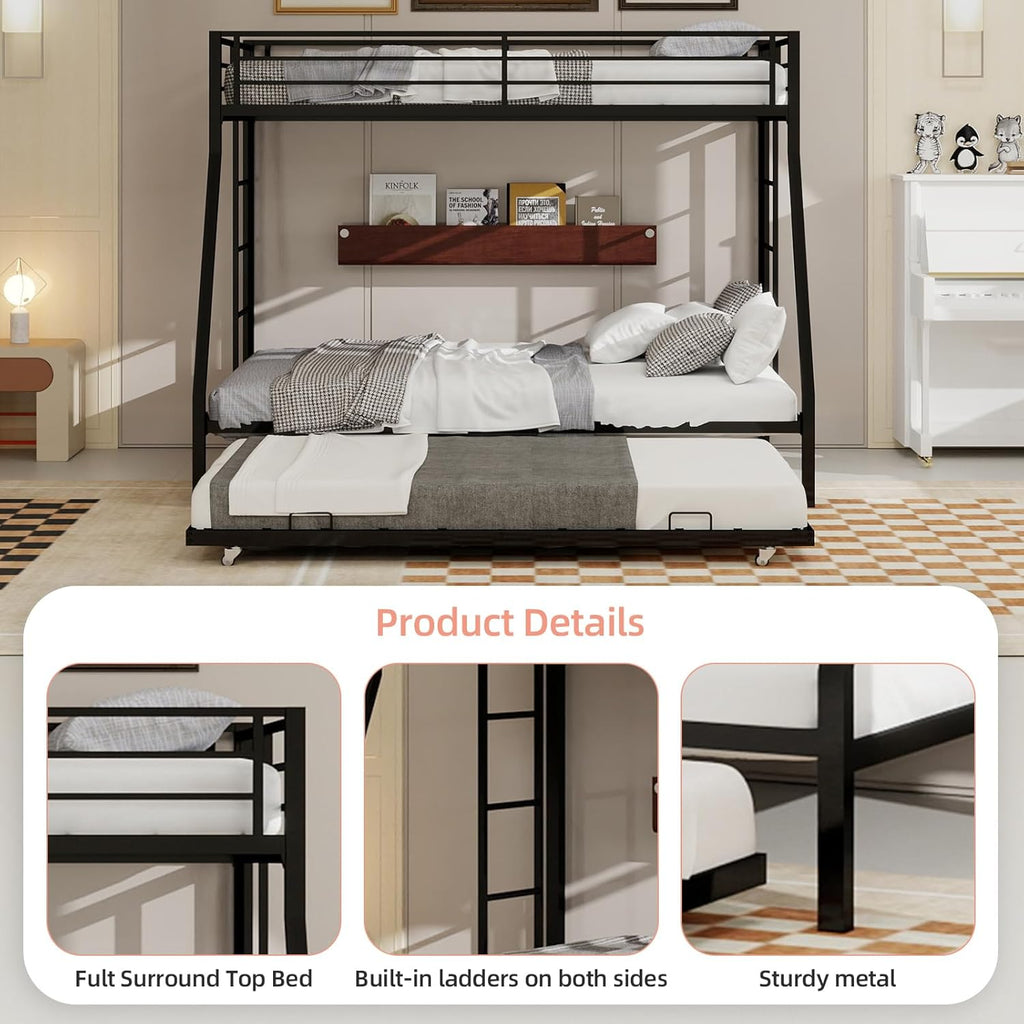 Twin XL Over Queen Bunk Bed with Trundle, Heavy Duty Metal Bunk Bed Frame with 2 Ladders and Full-Length Guardrail, Space-Saving Bunk Beds for Kids Teens Adults, No Box Spring Needed, Black