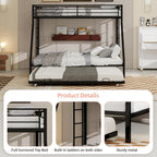 Twin XL Over Queen Bunk Bed with Trundle, Heavy Duty Metal Bunk Bed Frame with 2 Ladders and Full-Length Guardrail, Space-Saving Bunk Beds for Kids Teens Adults, No Box Spring Needed, Black