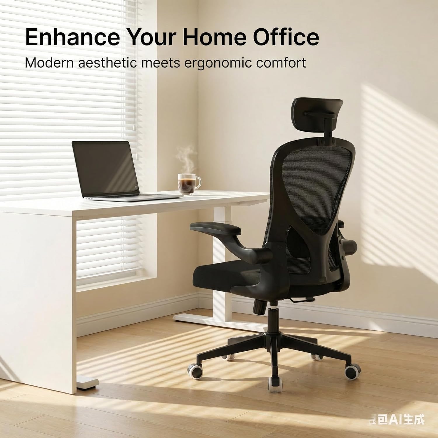 Office Chair with Adjustable Lumbar Support & Flip-Up Armrests -Ergonomic High Back Computer Desk Chair with Thickened Seat Cushion, Rolling Wheels for Home/Office Study Work (02H-Black)