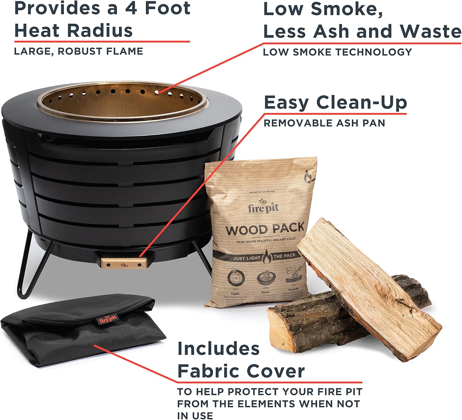 TIKI Patio Smokeless Outdoor Fire Pit  25-Inch Wood-Burning Bonfire with Removable Ash Pan  Stand  and Weather-Resistant Cover