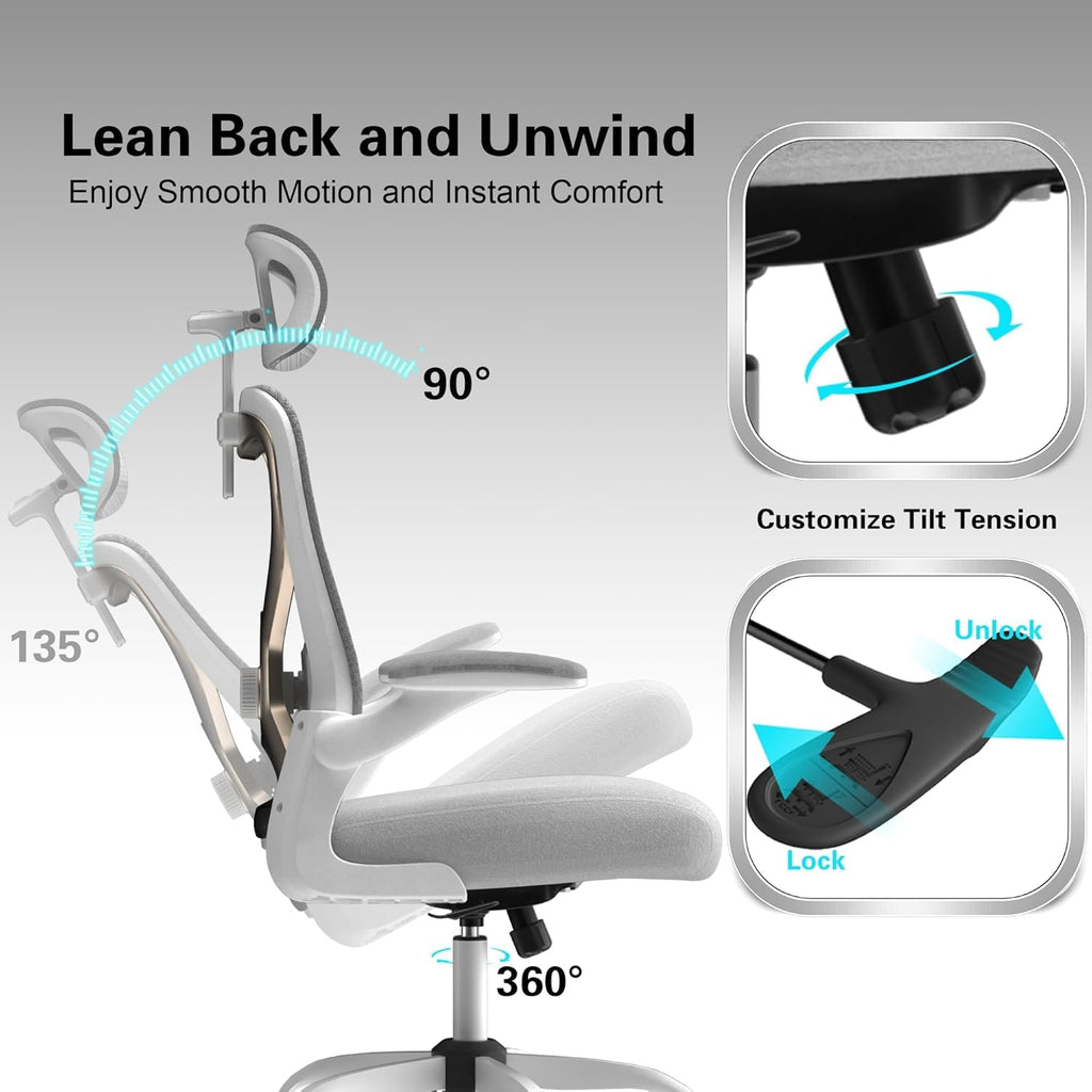 Home Office Desk Chairs, Ergonomic Office Chair with Lumbar Support & 3D Headrest, Computer Desk Chair with Flip-up Armrests, Perfect for Office or Study, Gray/Gold