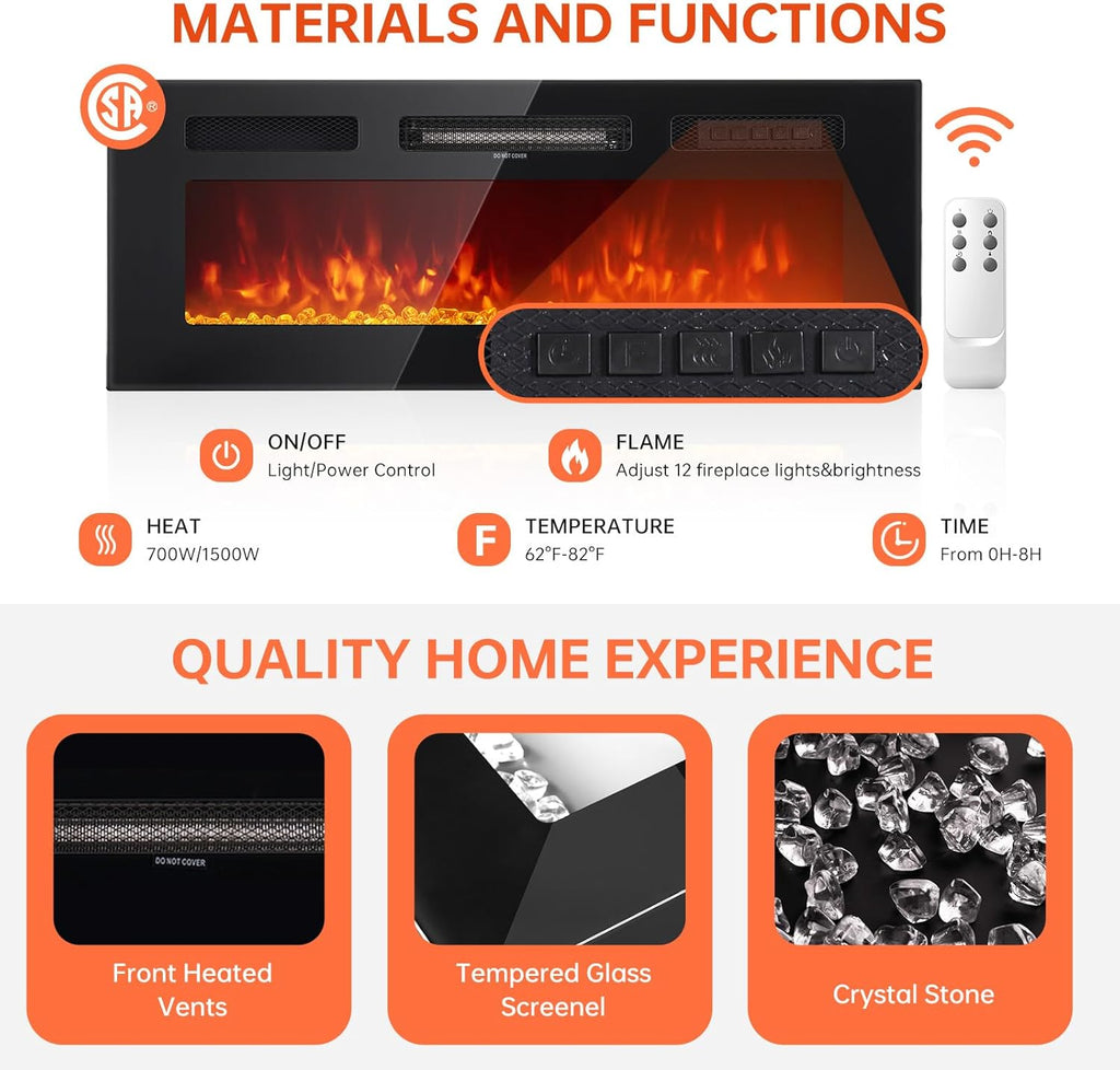 MXV 80" Fireplace TV Stand, Modern Entertainment Center & 36 Inch Electric Fireplace, Remote Control, LED Light, Fire Place Tv Stand for Living Room for TVs up to 90", Black + Black
