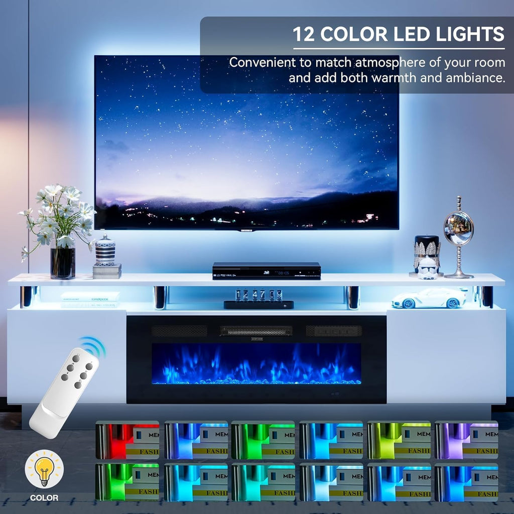 70" Fireplace TV Stand, 2-Tier LED Entertainment Center with 36" Fireplace, Fits TVs up to 80", Modern High Gloss TV Console with LED Lights & Storage Cabinets for Living Room, White + Black