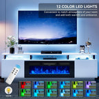 70" Fireplace TV Stand, 2-Tier LED Entertainment Center with 36" Fireplace, Fits TVs up to 80", Modern High Gloss TV Console with LED Lights & Storage Cabinets for Living Room, White + Black