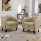 Pia Ricco Faux Leather Barrel Chairs Set of 2, Modern Comfy Accent Chairs, Upholstered Armchair Club Chairs with Nailhead Trim, Single Sofa Barrel Chair for Living Room Reading Room, Beige
