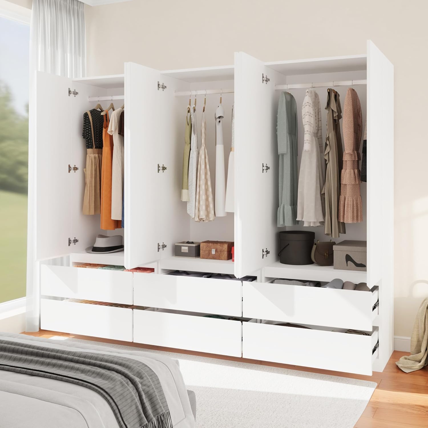 Armoire Wardrobe Closet with 6 Doors, Wooden Wardrobe Cabinet with 6 Drawers, Hanging Rod & Shelves, Freestanding Closets for Bedroom (White, 3)