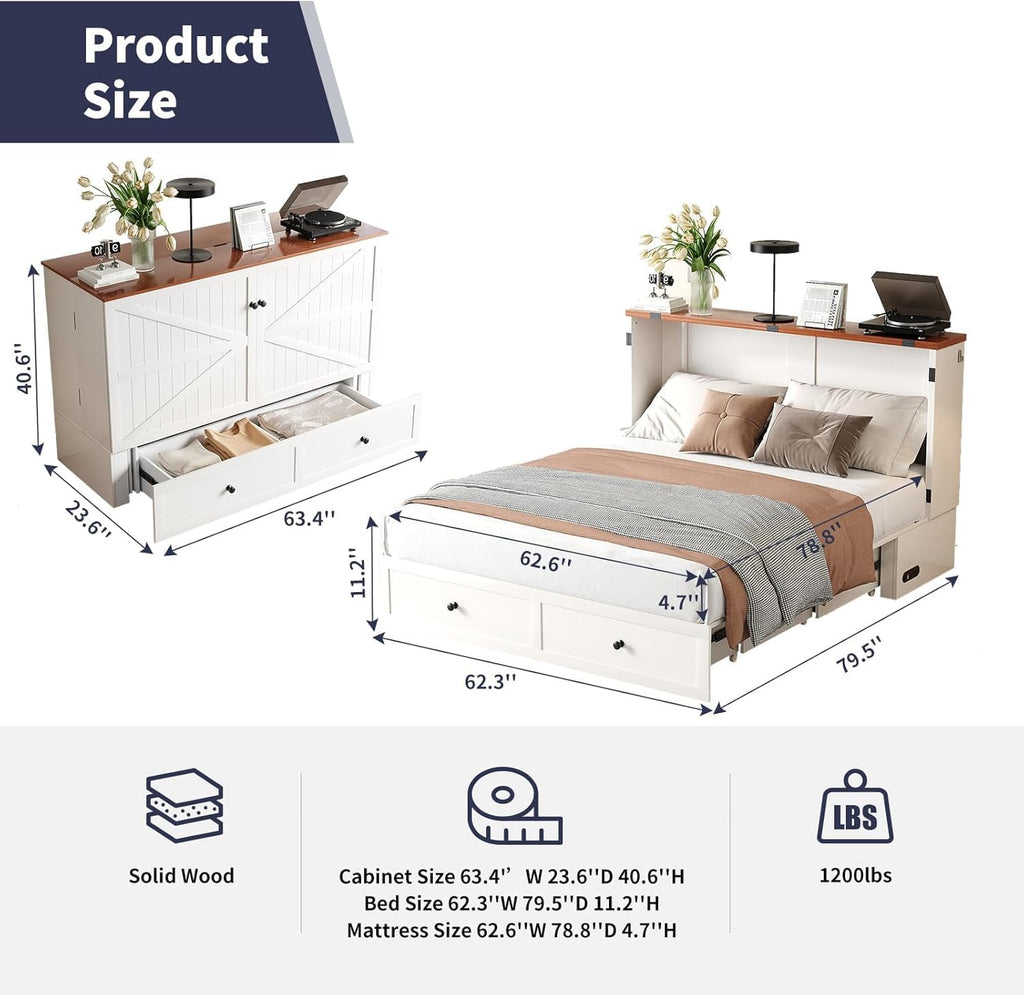 ijuicy Queen Murphy Bed with Mattress Included, Farmhouse Cabinet Bed with Storage Drawer & Charging Station, Foldable Space-Saving Murphy Beds for Guest Bedroom, Living Room (White & Brown)