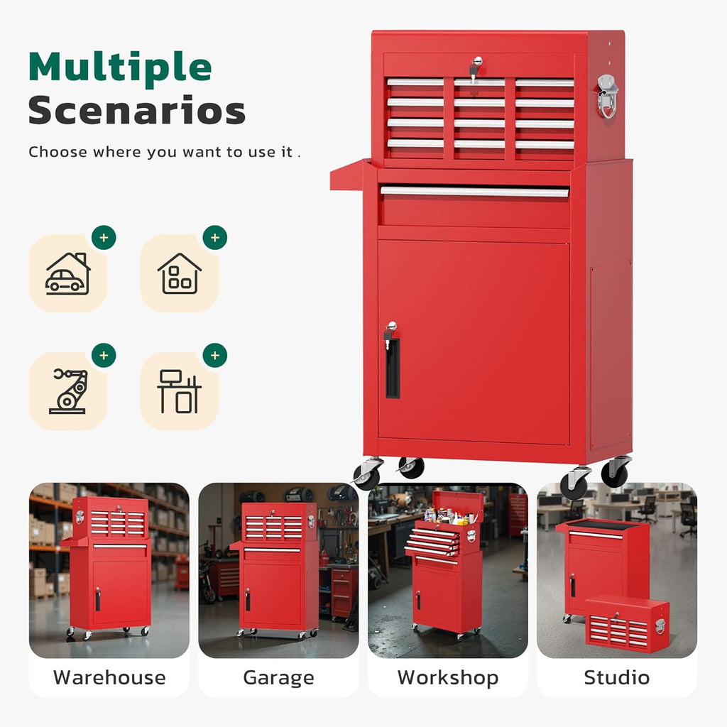 Greenvelly Tool Chest, 5-Drawer Rolling Tool Chest with Hooks and Lockable Wheels, Detachable Top Tool Box, Toolbox with Wheels, Rolling Tool Box for Mechanics Garage Workshop and Tool Room (Red)