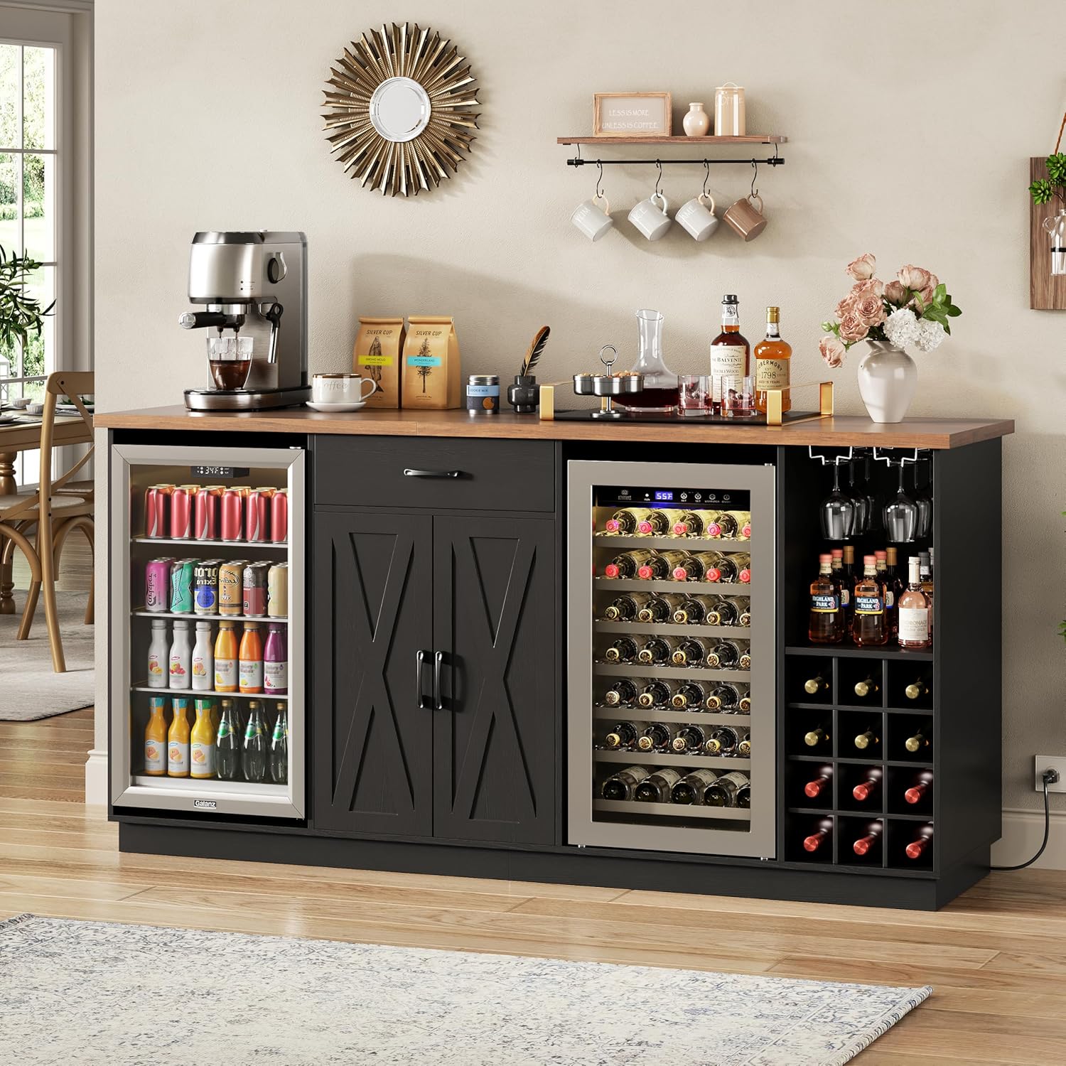 78.74" Large Coffee Bar Cabinet with Fridge Space, Mini Fridge Cabinet with Storage, Liquor Cabinet with Wine Rack Glass Holder Power Outlets for Living Room, Kitchen, Black KTSR003B
