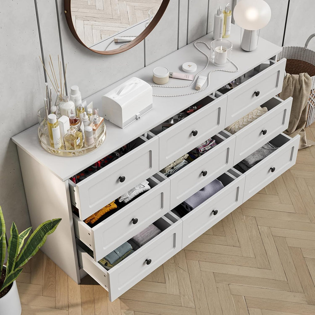 63 Inch 9 Drawer Tall Dresser, White Dresser for Bedroom, Modern Chest of Drawers with Deep Drawers and Handles, Wooden Dressers TV Stand, Long Dressers Organizer for Living Room, Hallway
