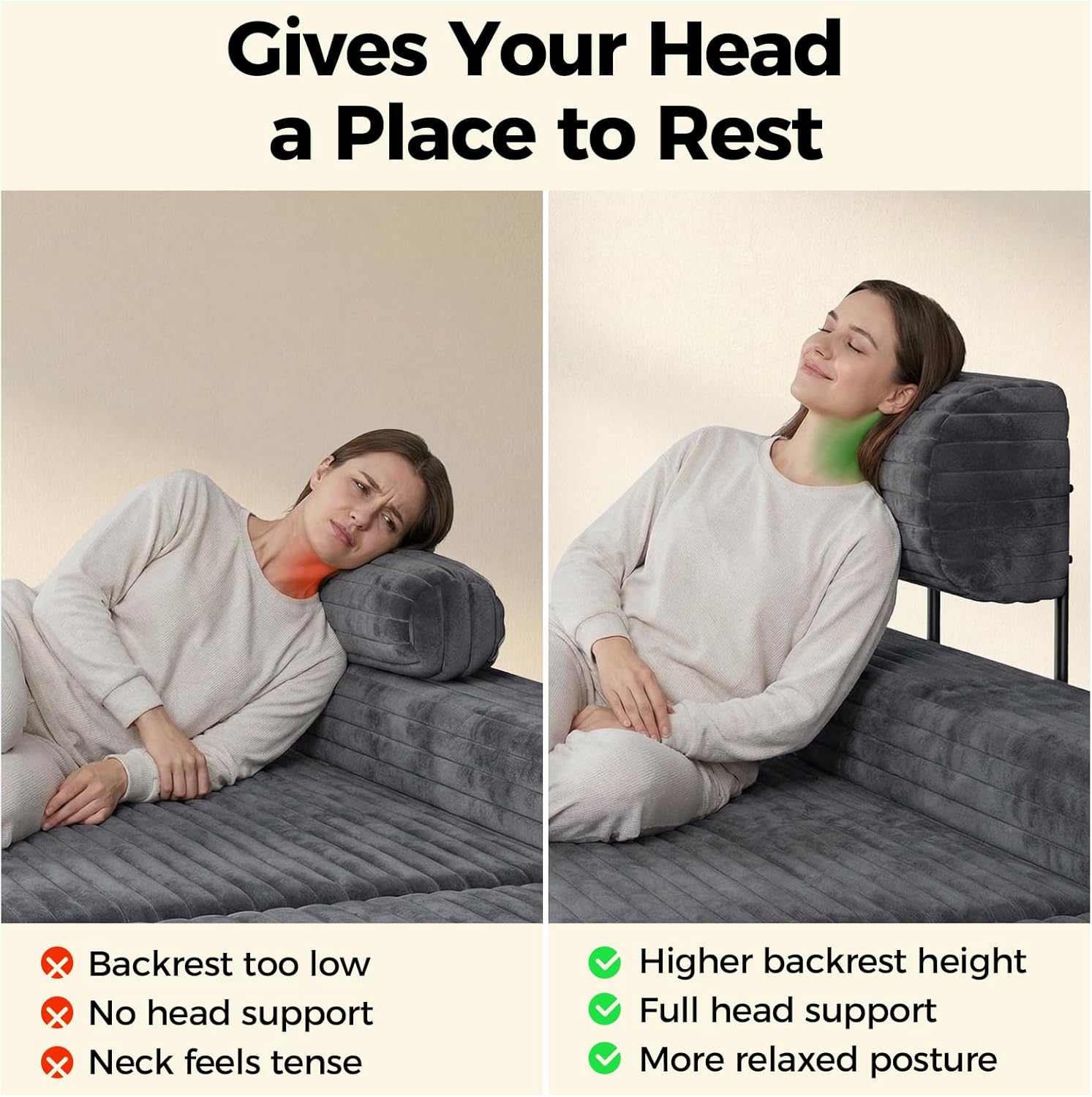 CAMMOO Couch Headrest Extender, Ergonomic Neck & Head Support for Legless Low Back Sofa, Sturdy Fixed-Height Metal Frame Sofa Backrest Extender, Fits Boneless Couch Under 28.5" (3 Pack, Grey)