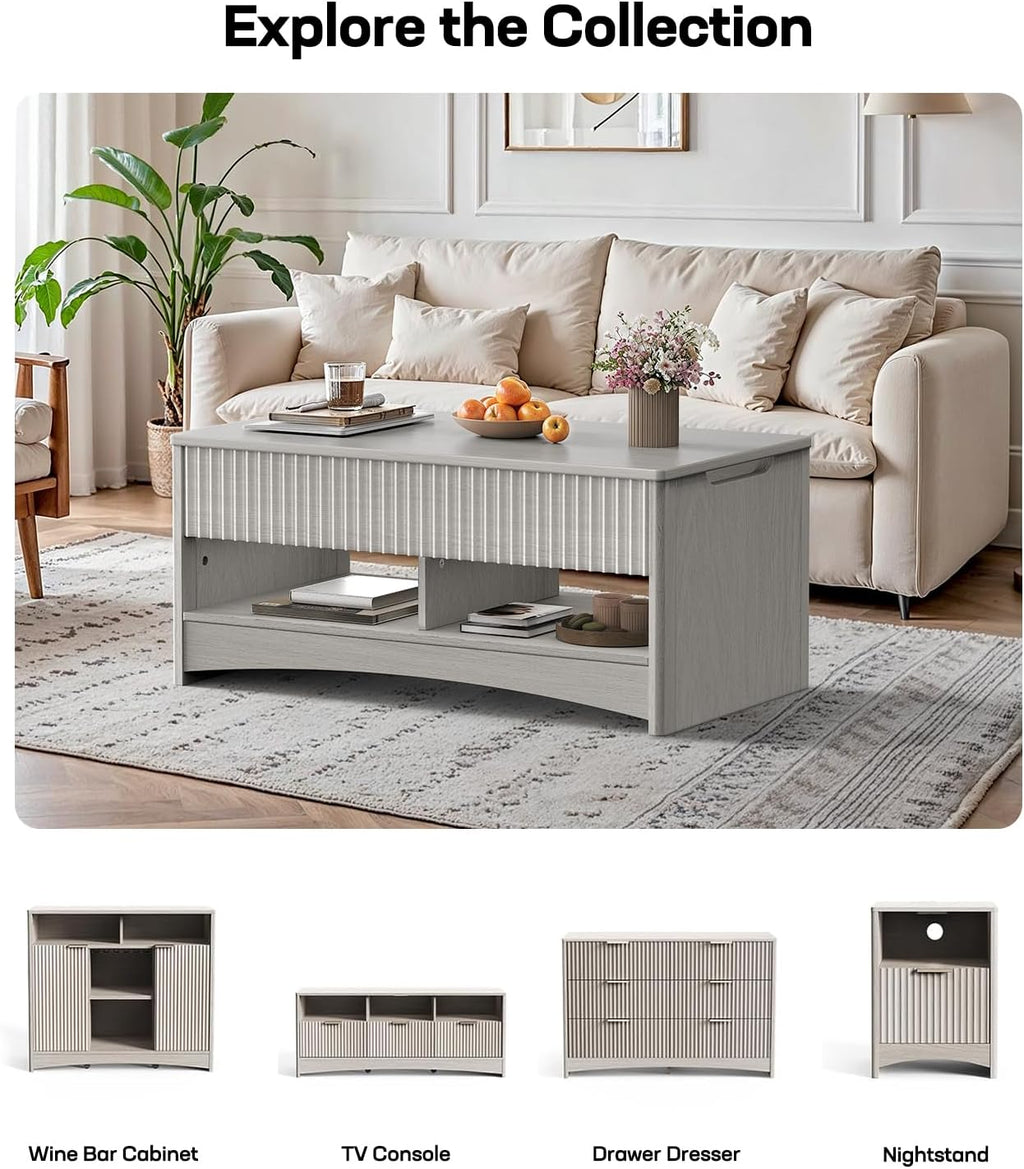Marsail Lift Top Coffee Table with Open & Hidden Storage, Modern Fluted Coffee Table with Smooth Lift Mechanism, Sturdy Space-Saving Center Table for Home Living Room, Office, Light Grey