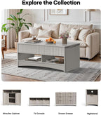 Marsail Lift Top Coffee Table with Open & Hidden Storage, Modern Fluted Coffee Table with Smooth Lift Mechanism, Sturdy Space-Saving Center Table for Home Living Room, Office, Light Grey