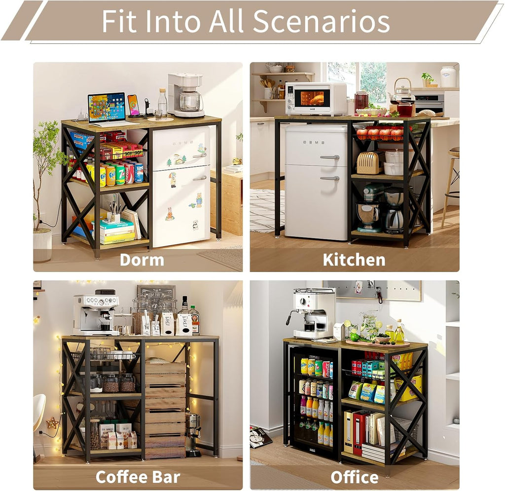 METYERRY Kitchen Bakers Rack with Power Outlet,Mini Fridge Cabinet with Mesh Basket, Mini Fridge and Microwave Table with Storage for Office,Kitchen,Living Room,Coffee Bar,Patio,Brown